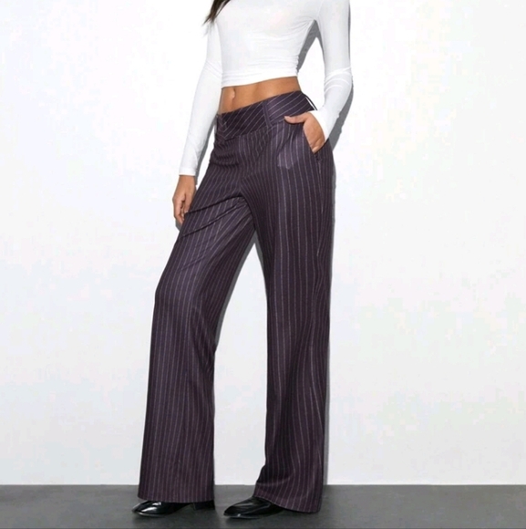 Women Casual Minimal Striped Print Straight Leg Low Waist Formal - Picture 2 of 4